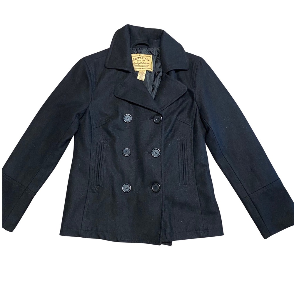 Aeropostale Women's Black Wool Blend Double Breasted Pea Coat Jacket Size Medium